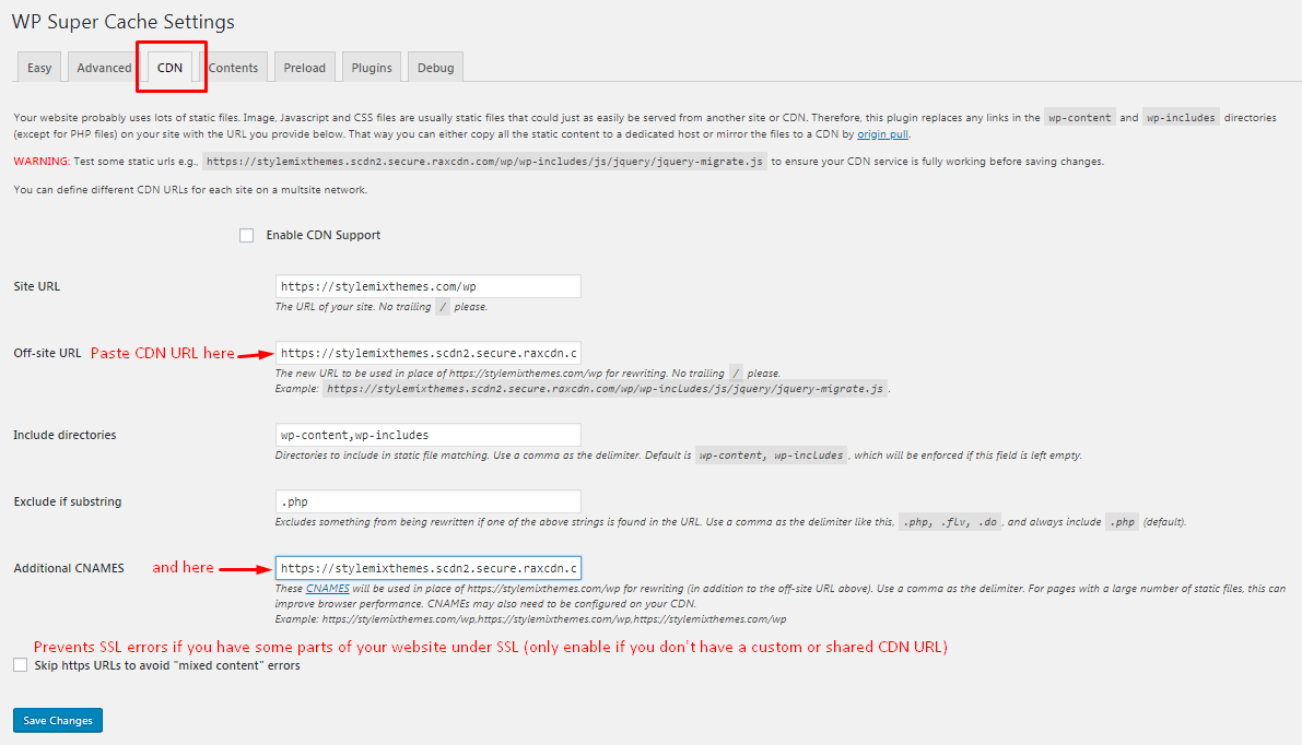 CDN Settings WP Super Cache