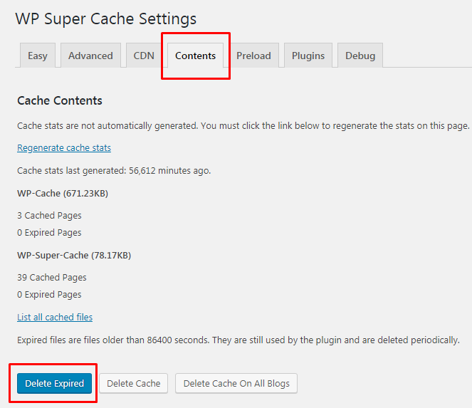 Contents WP Super Cache