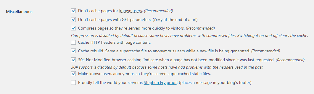 Miscellaneous Settings WP Super Cache