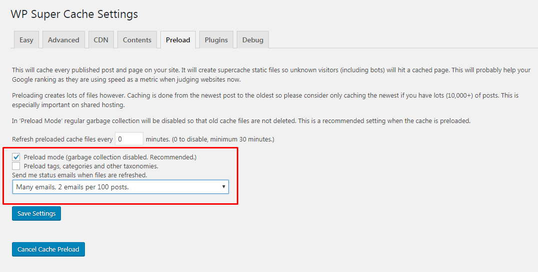 Preload WP Super Cache