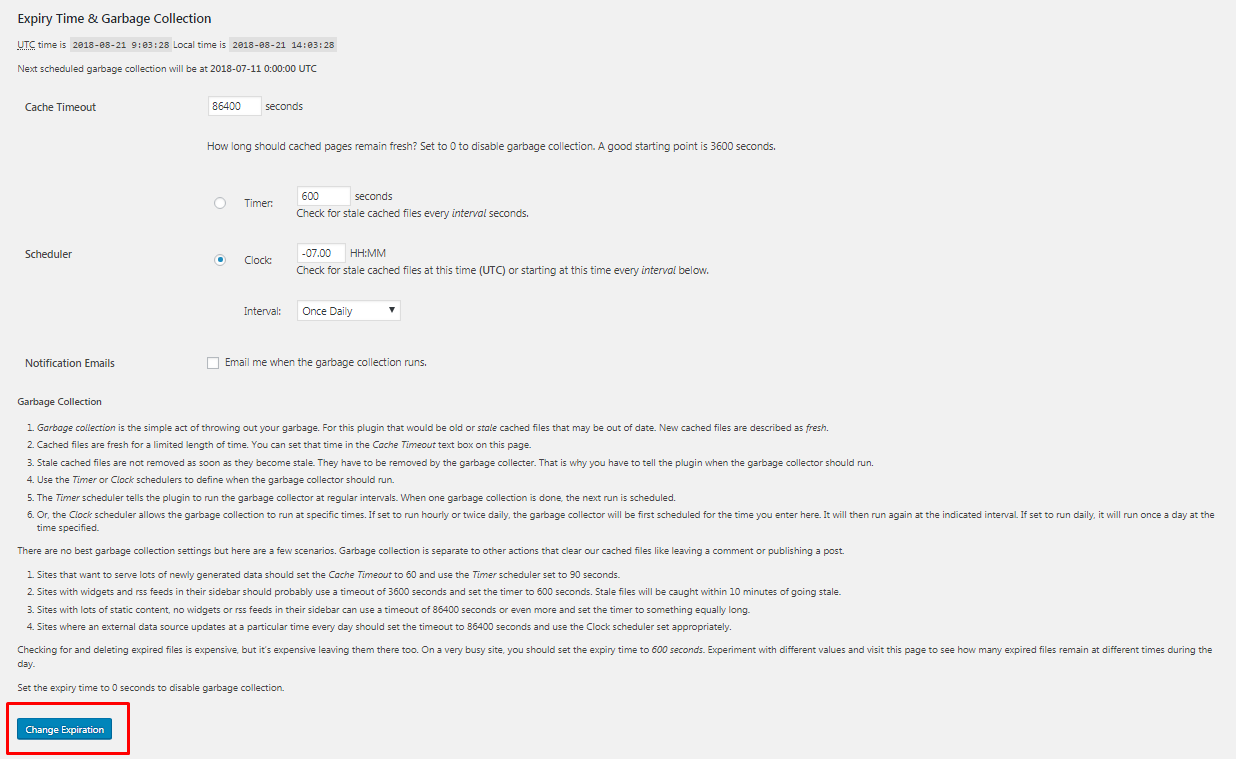 Expiry Time & Garbage Collection WP Super Cache