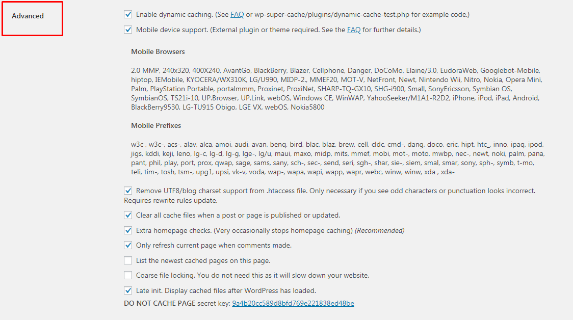 Advanced Settings WP Super Cache