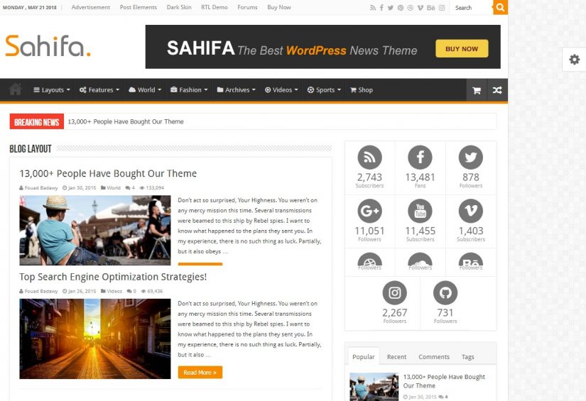 Sahifa WordPress Blog Theme 2018