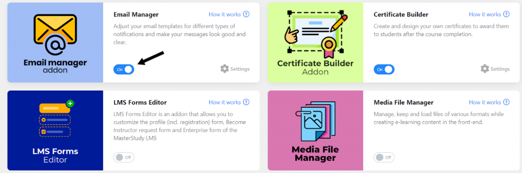 Editor de correo electrónico y Administrador de Addon en MasterStudy WordPress LMS Plugin