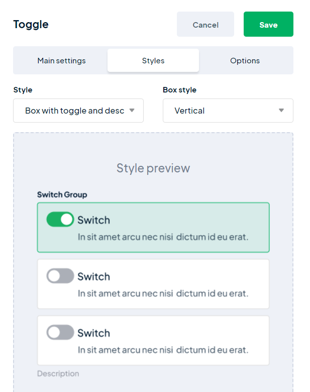 Botón Toggle - En caja con Toggle y Descripción