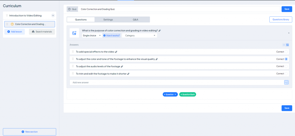Creating Quiz in Curriculum